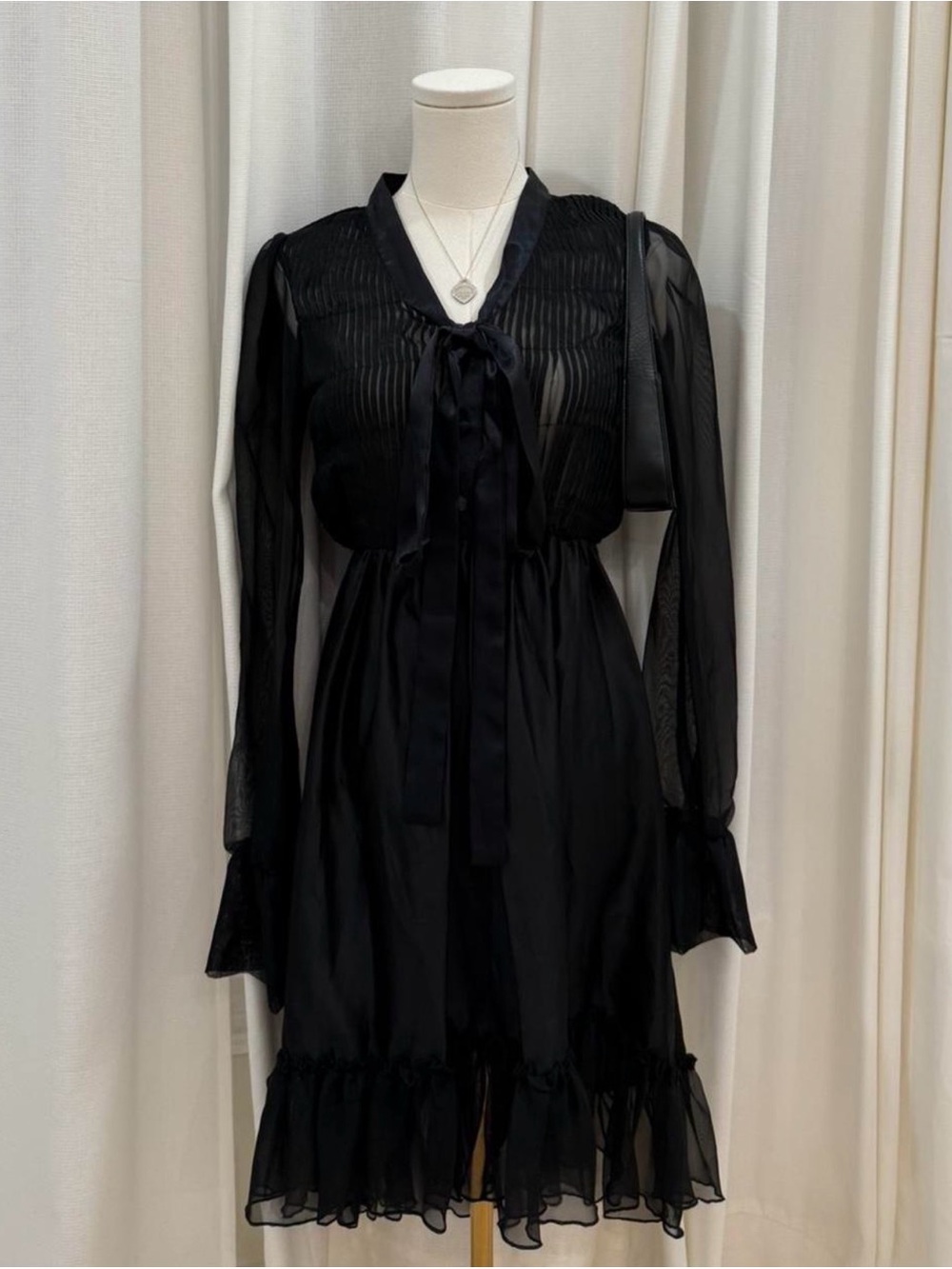 Black Sheer Long-Sleeve Mini Dress with Bow Tie